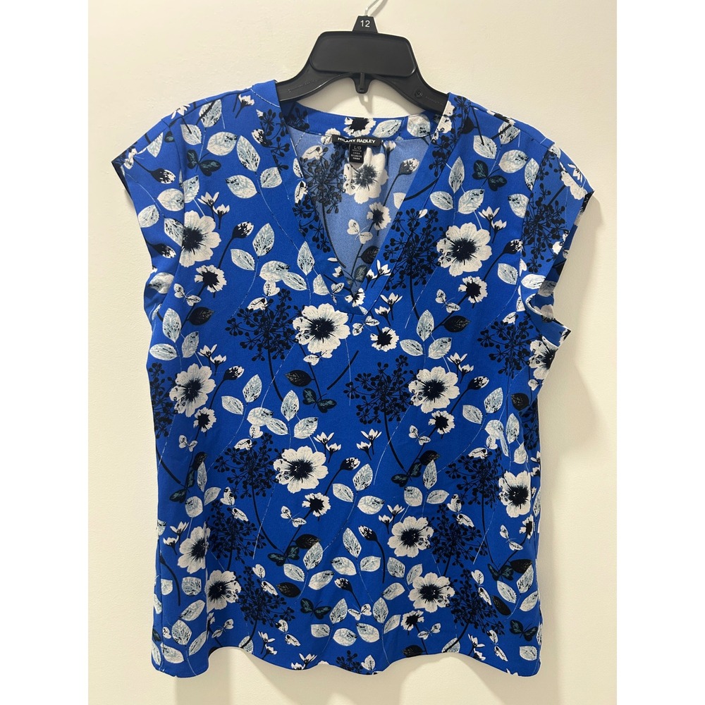 Hilary Radley Womens Cobalt Blue Floral V-Neck Cap Sleeve Blouse Top‎ Size Large